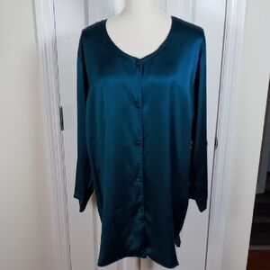 Vtg Victoria's Secret Gold Label Teal Green Silk Button Down Night Shirt Size M